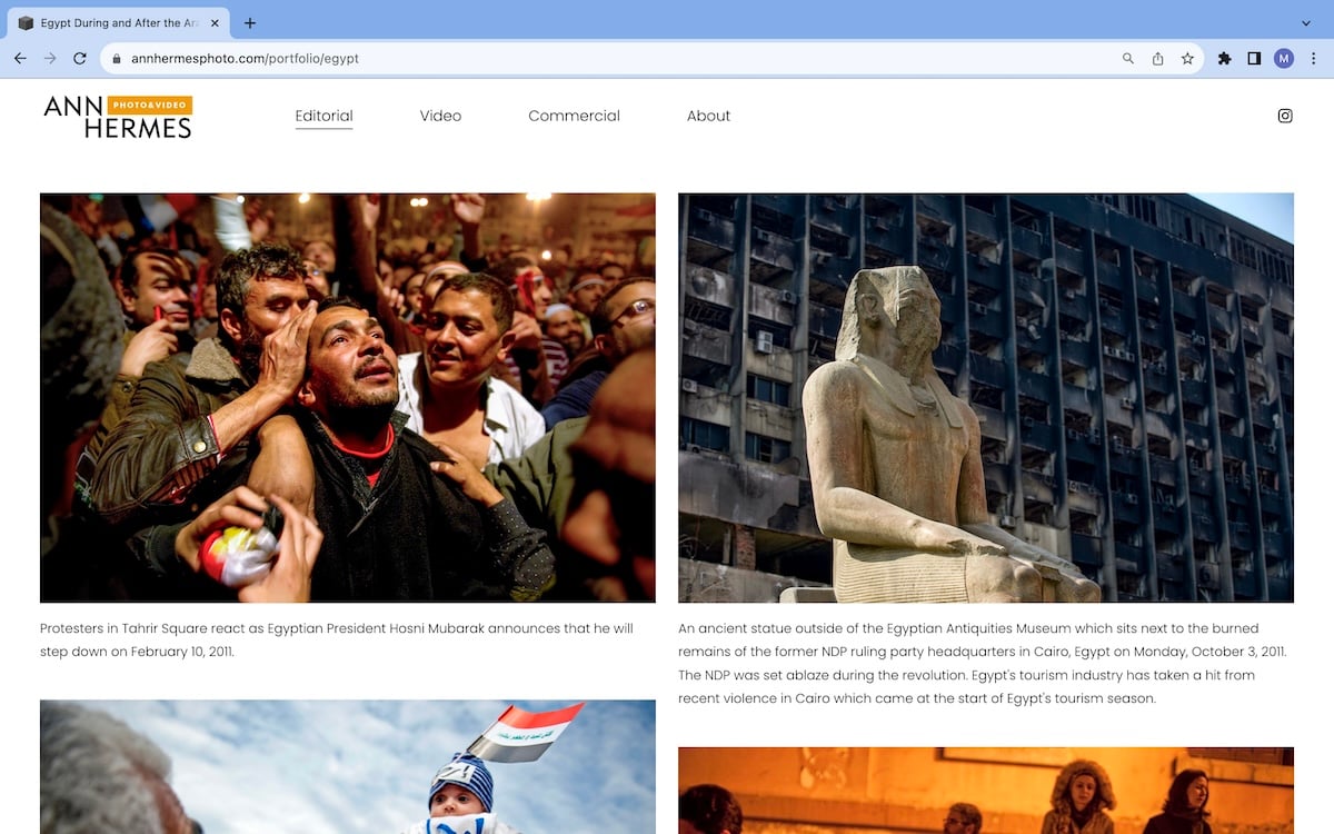 A screenshot of Ann Hermes's website showcasing her photo gallery titled Egypt During and After the Arab Spring.